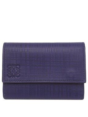 Loewe Trifold Wallet Linen Anagram Compact Leather Navy Silver Coin Purse Bill